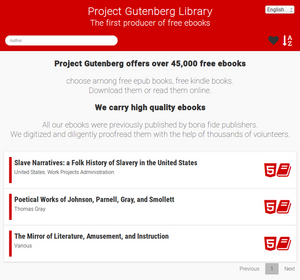 Shows a website with several navigation options leading to different preserved eBooks that Project Gutenberg has preserved.
